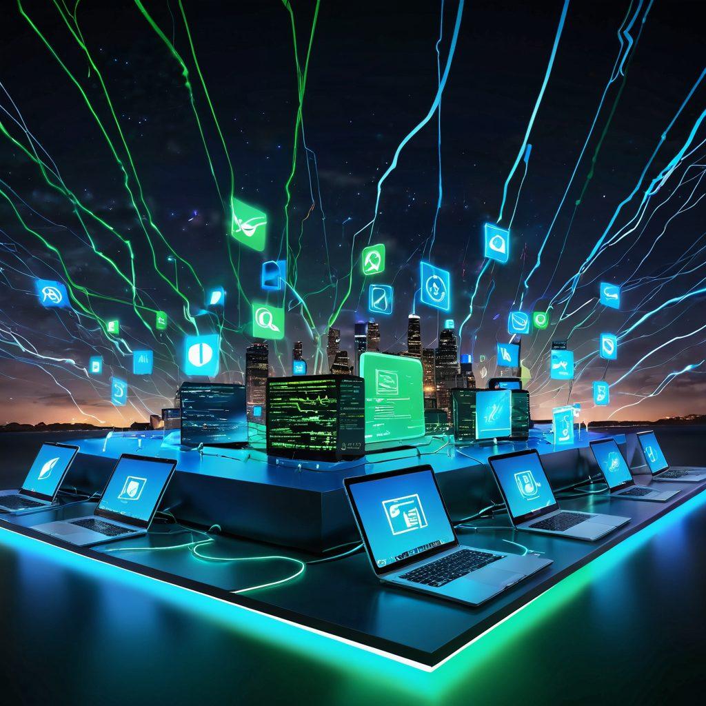 A futuristic digital landscape featuring a user effortlessly downloading files at lightning speed, surrounded by floating icons of various download services and proxies. Incorporate vibrant blue and green color schemes to signify high speed and connectivity, while a glowing, sleek server structure looms in the background. Visualize waves of data flowing seamlessly in the air. super-realistic. vibrant colors. 3D.