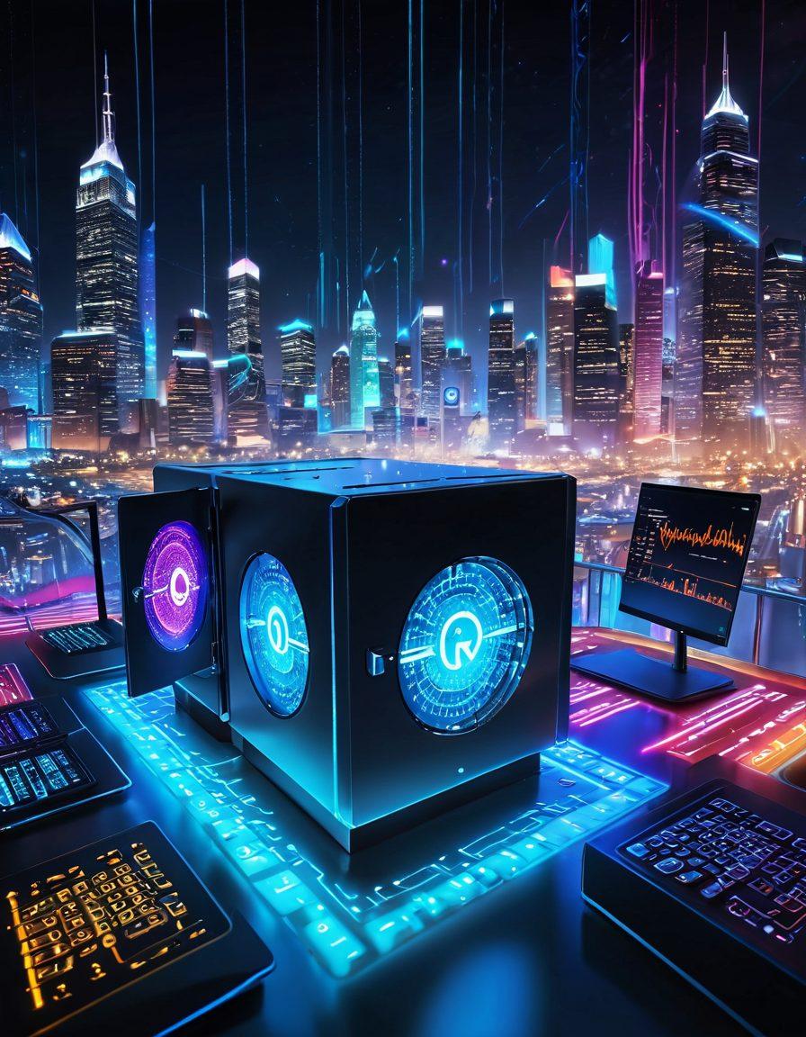 A soaring key unlocking a massive digital vault filled with colorful proxy network symbols, radiating streams of light symbolizing unlimited possibilities. In the foreground, a high-tech computer setup showcases premium download speeds and data flow. The background features a stylized cityscape made of binary code, emphasizing technology and connectivity. super-realistic. vibrant colors.